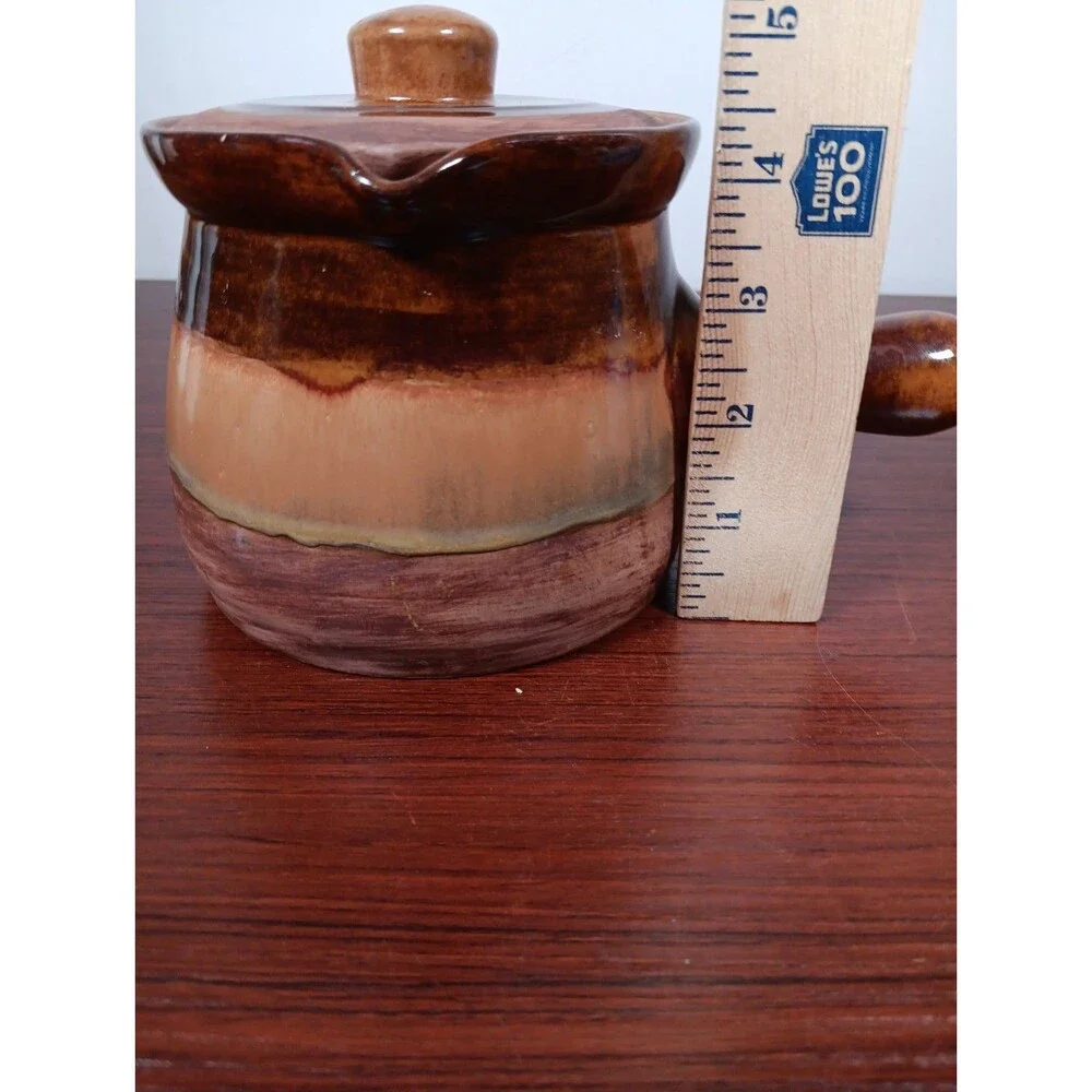 RUTH STAPLETON Studio Pottery Bean Pot With Lid Brown Glazed Signed Handmade
